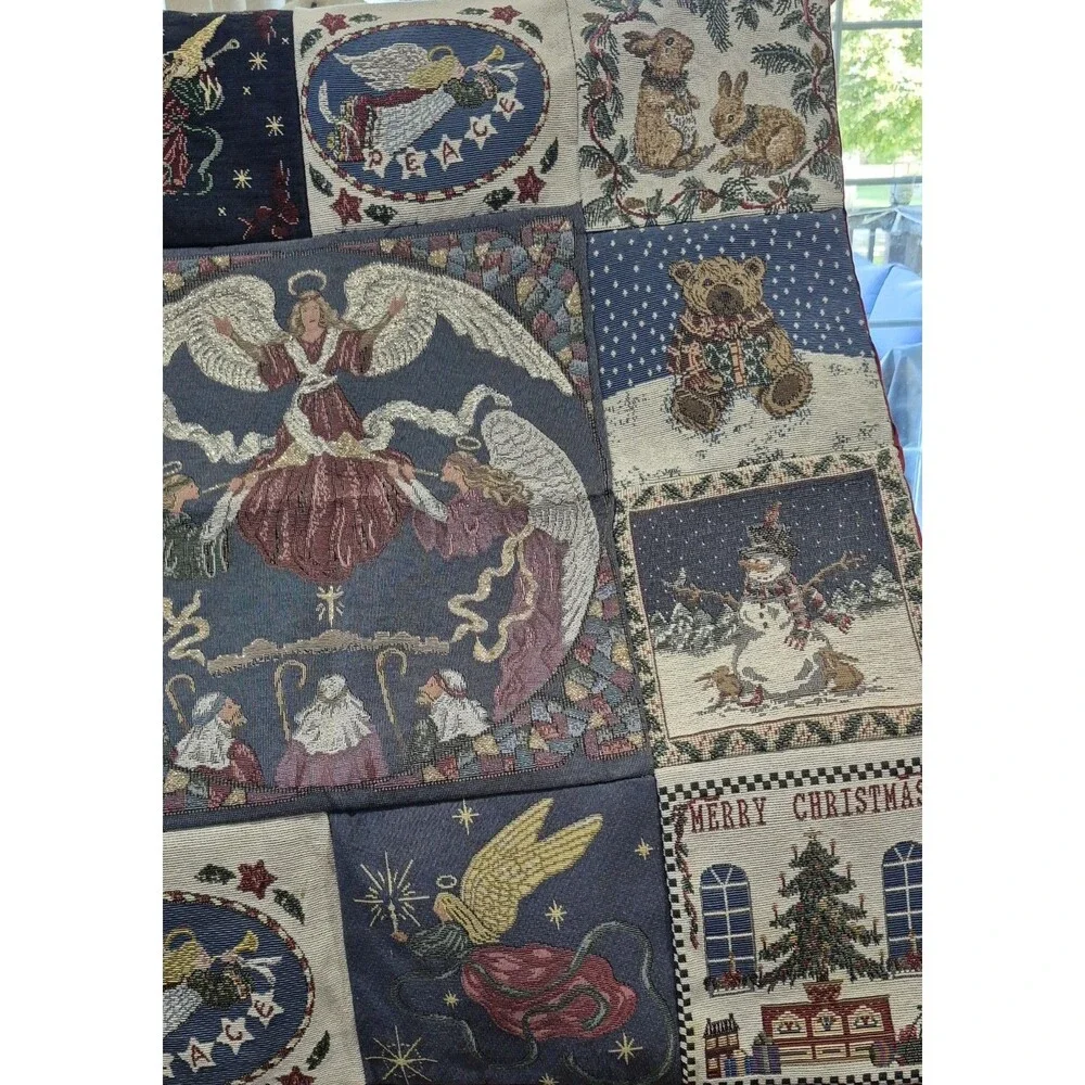 VTG Christmas Tapestry Wall Hanging Square 33x33 Patchwork Angel Snowman Teddy